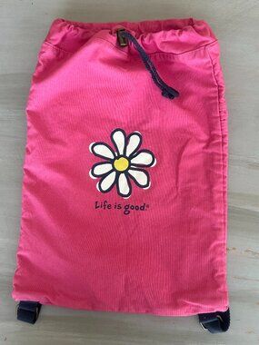 NWOT Life is Good Canvas Drawstring Backpack Daisy Logo Camp Overnight School Ne